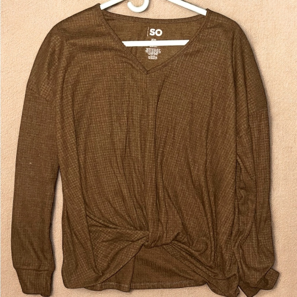 SO Women’s XXL Brown Tie Front Waffle Knit Long Sleeve Top
